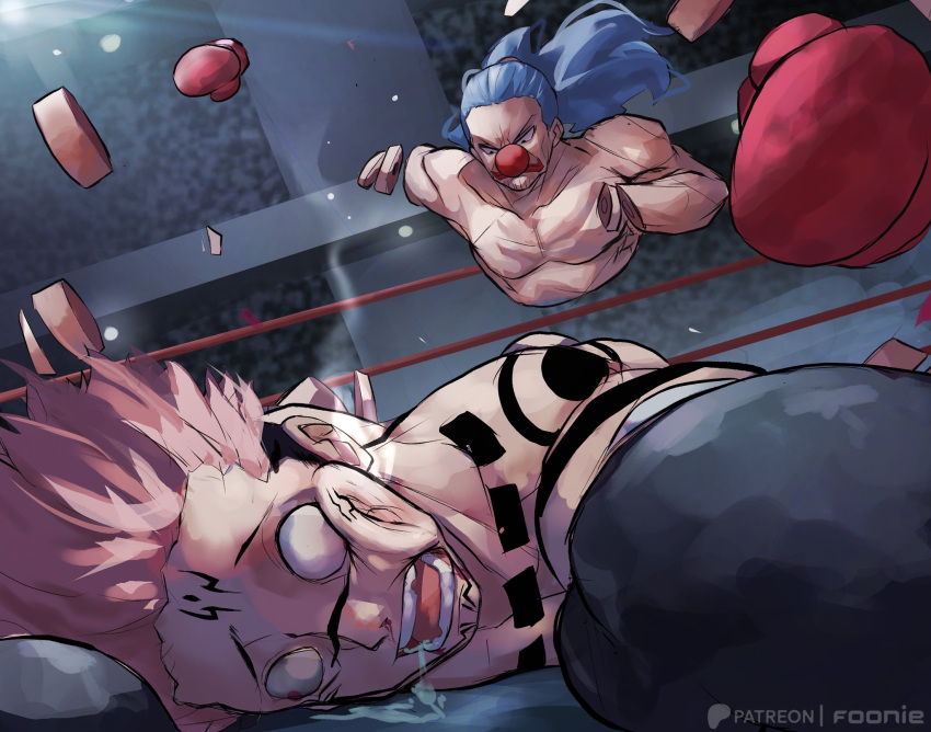 2boys arm_tattoo artist_name audience black_gloves blank_eyes blue_hair boxing boxing_gloves boxing_ring buggy_the_clown clown_nose defeat dent devil_fruit_power disembodied_limb disembodied_torso drooling facial_tattoo fighting funi_xd gloves highres itadori_yuuji jujutsu_kaisen light_particles long_hair lying multiple_boys no_tattoo on_floor on_stomach one_piece open_mouth patreon_username pectorals pink_hair ponytail possessed punched red_gloves red_lips red_nose ryoumen_sukuna_(jujutsu_kaisen) short_hair shoulder_tattoo tattoo teeth unconscious undercut