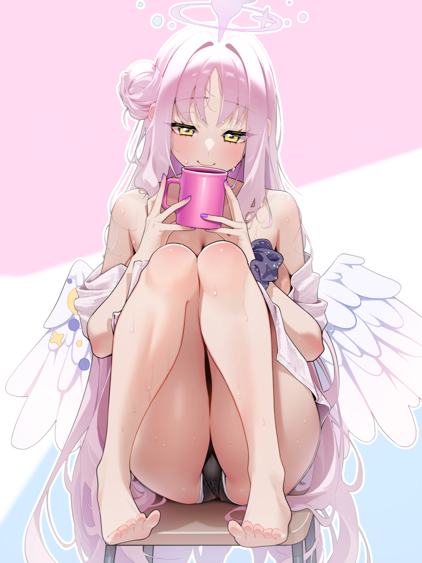 1girl absurdres agnamore angel_wings ass barefoot black_shorts blue_archive blush breasts chair cleavage closed_mouth cup feathered_wings fingernails hair_bun halo highres holding holding_cup large_breasts long_hair mika_(blue_archive) nail_polish pink_hair pink_halo purple_nails purple_scrunchie scrunchie shorts single_side_bun sitting smile soles solo toes white_wings wings wrist_scrunchie yellow_eyes