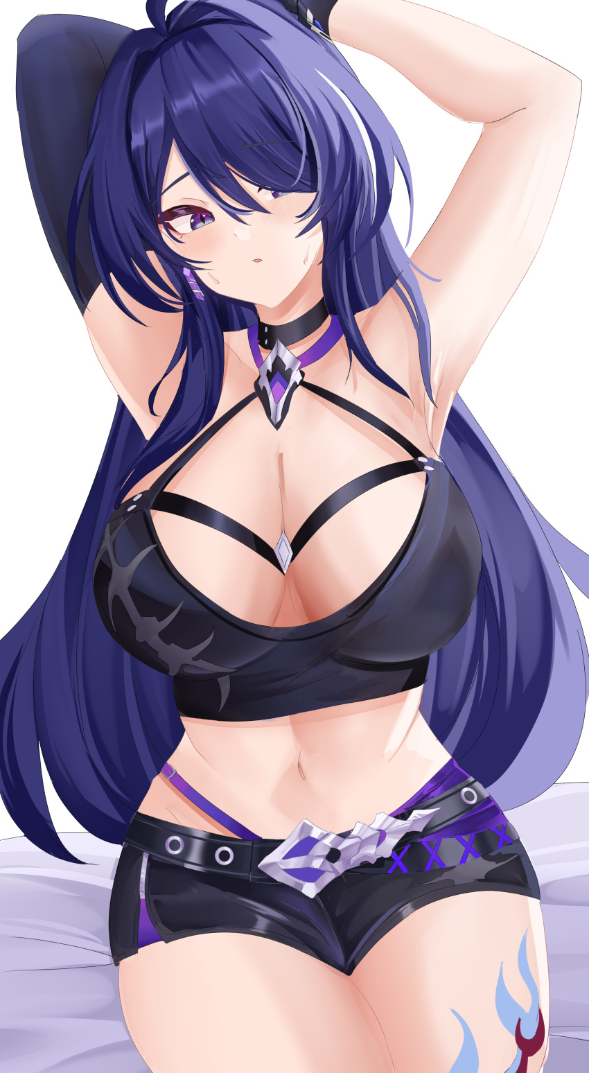 1girl absurdres acheron_(honkai:_star_rail) armpits arms_up black_choker black_gloves black_shorts breasts choker cleavage commentary crop_top elbow_gloves gloves hair_intakes hair_over_one_eye highres honkai:_star_rail honkai_(series) kuro_(blackpgmickey) large_breasts midriff navel short_shorts shorts sitting solo stomach thighs white_background