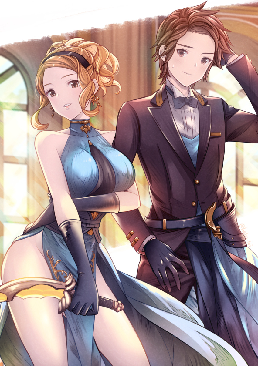 1boy 1girl bare_shoulders black_bow black_gloves black_jacket black_suit blonde_hair blue_dress bow braid breasts brown_hair cleavage_cutout clothing_cutout collared_shirt covered_collarbone crown_braid dagger djeeta_(granblue_fantasy) dress earrings gloves gran_(granblue_fantasy) granblue_fantasy habutei highres holding holding_dagger holding_knife holding_weapon indoors jacket jewelry knife large_breasts locked_arms long_dress long_hair looking_at_viewer parted_lips shirt spiked_hair suit weapon white_shirt