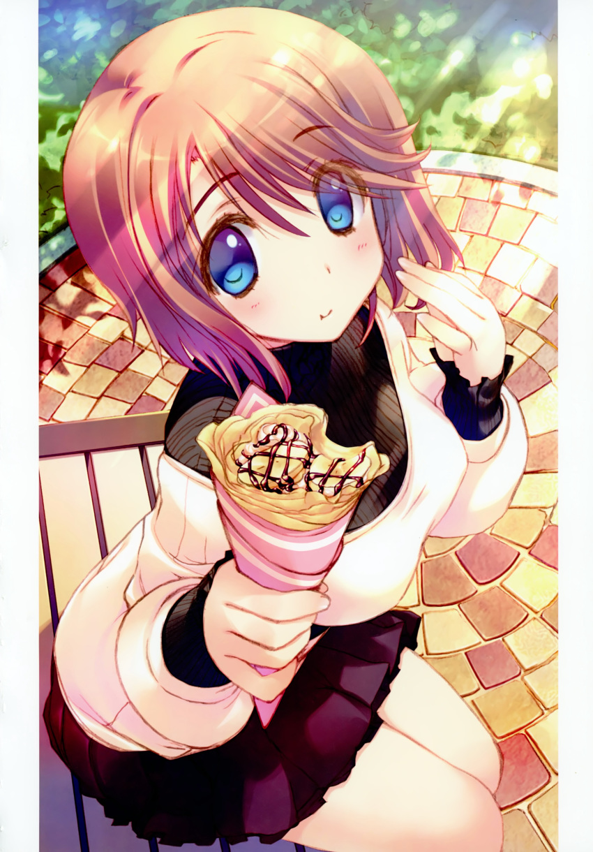 absurdres amazuyu_tatsuki black_shirt blue_eyes brown_hair crepe day eating eyebrows_visible_through_hair food from_above hair_between_eyes highres holding holding_food komaki_manaka miniskirt outdoors pleated_skirt red_skirt shirt short_hair skirt solo sunlight sweater to_heart to_heart_2 white_sweater
