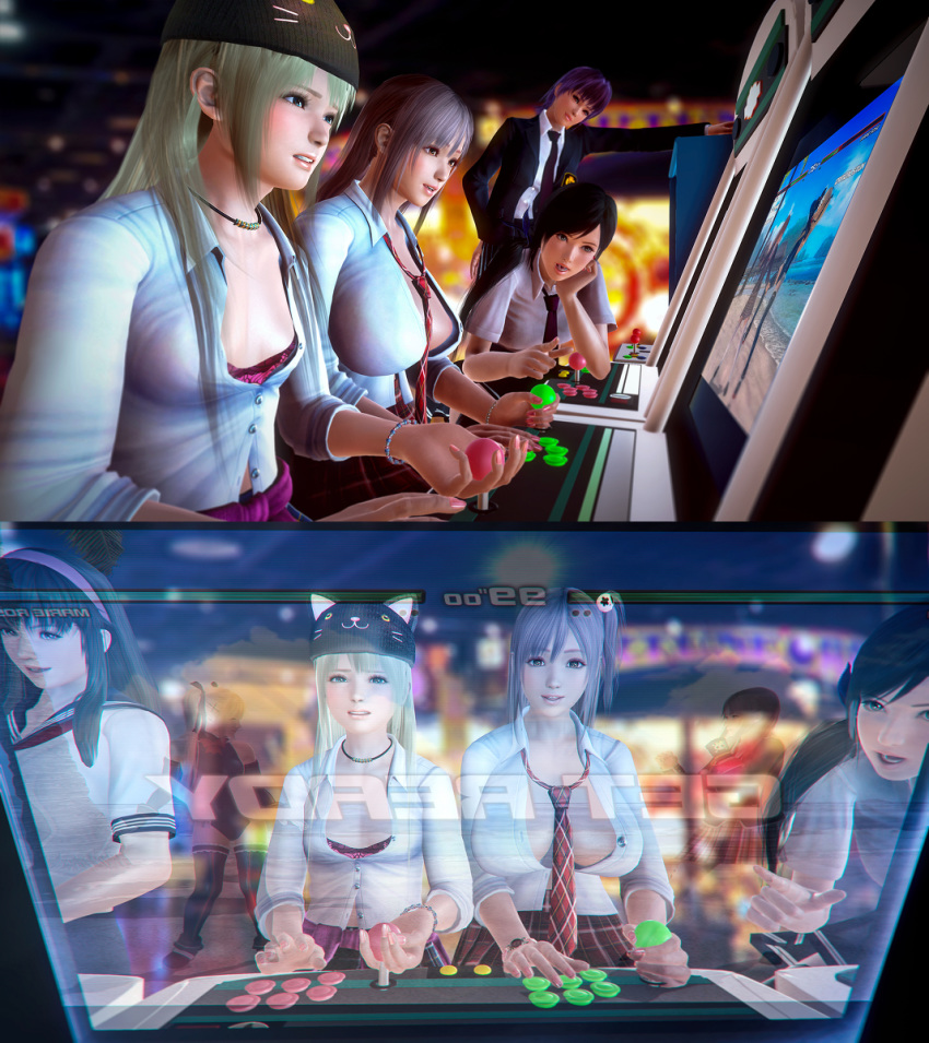 3d 5girls areolae ayane_(doa) black_hair blonde_hair breasts brown_hair casino dead_or_alive female hat headdress hitomi_(doa) honey_select honoka_(doa) indoors kokoro_(doa) long_hair marie_rose metagraphy multiple_girls nipples pink_hair ponytail purple_hair short_hair sitting source_filmmaker tied_hair tuxedo very_long_hair video_game