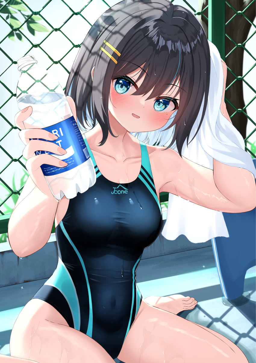 1girl a4_takahashi absurdres black_hair black_one-piece_swimsuit blue_eyes bob_cut bottle breasts chain-link_fence collarbone commentary_request competition_swimsuit covered_navel fence hair_ornament hairclip highleg highleg_swimsuit highres kickboard medium_breasts one-piece_swimsuit original pocari_sweat short_hair sitting solo swimsuit two-tone_swimsuit wariza white_towel