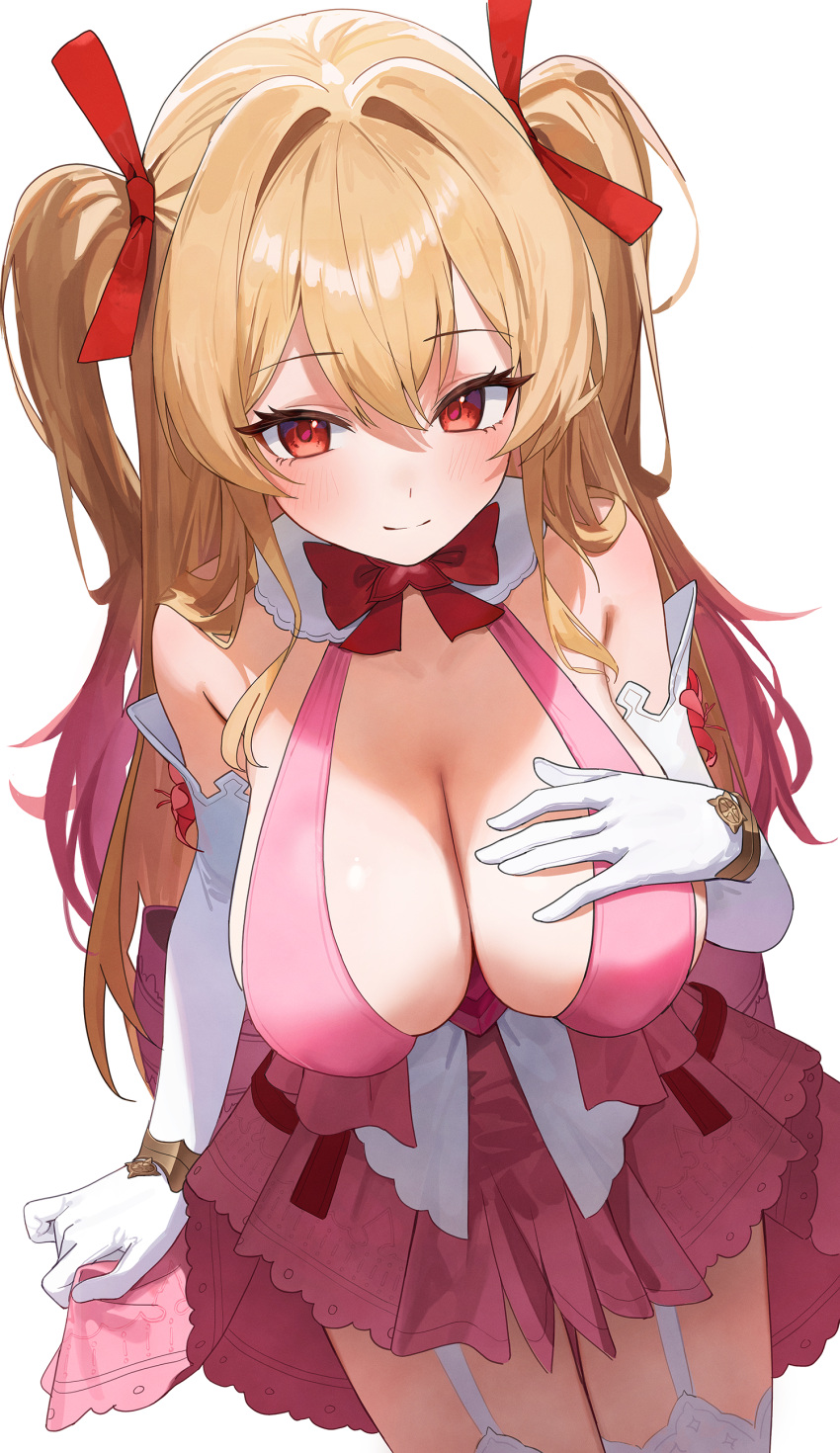 1girl absurdres bare_shoulders blonde_hair bow bowtie breasts cleavage closed_mouth commission dress elbow_gloves from_above garter_straps gloves gradient_hair hair_ribbon halter_dress halterneck hand_on_own_chest hand_up highres large_breasts long_hair looking_at_viewer minn_(kangjm1107) multicolored_hair original pink_dress pink_hair red_eyes ribbon second-party_source simple_background skindentation sleeveless sleeveless_dress smile solo thighhighs two_side_up white_background white_gloves white_thighhighs zettai_ryouiki