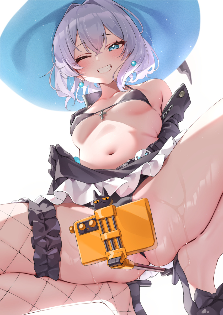 1girl absurdres ass_visible_through_thighs azur_lane bikini black_bikini black_skirt blue_eyes breasts classic_(zildjian33) clothes_lift commentary_request fishnet_thighhighs fishnets frilled_skirt frills from_below grey_hair hat high_heels highres jade_(a_good_girl's_magic)_(azur_lane) jade_(azur_lane) lifted_by_self looking_at_viewer mole mole_under_eye navel official_alternate_costume one_eye_closed panties selfie_stick short_hair simple_background single_bare_shoulder single_fishnet_legwear single_thighhigh skirt skirt_hold skirt_lift small_breasts smile solo spread_legs squatting swimsuit thighhighs underwear white_background witch_hat