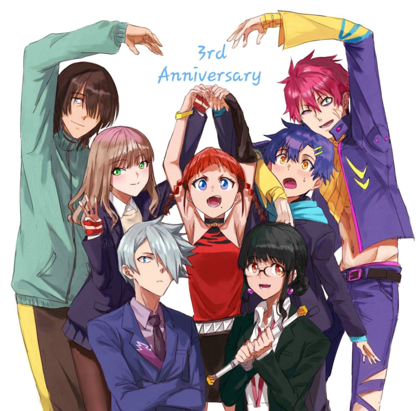 3girls 4boys anniversary anosillus_ii anti_(ssss.gridman) asanaka_yomogi asukagawa_chise bandages bare_shoulders black_hair black_jacket blue_hair blue_hoodie blue_jacket blue_pants blue_suit blush breasts brown_eyes brown_hair collared_shirt crossed_arms earrings facial_mark gauma glasses green_eyes green_jacket grey_hair gridman_universe hair_between_eyes hair_over_one_eye hand_grab heart heart_earrings highres holding holding_wand hood hoodie jacket jewelry long_hair medium_breasts minami_yume mole mole_under_mouth multiple_boys multiple_girls necktie one_eye_closed open_mouth orange_eyes pants pink_hair red_hair red_shirt risyo shirt short_hair simple_background smile spiked_hair ssss.dynazenon suit two_side_up wand yamanaka_koyomi