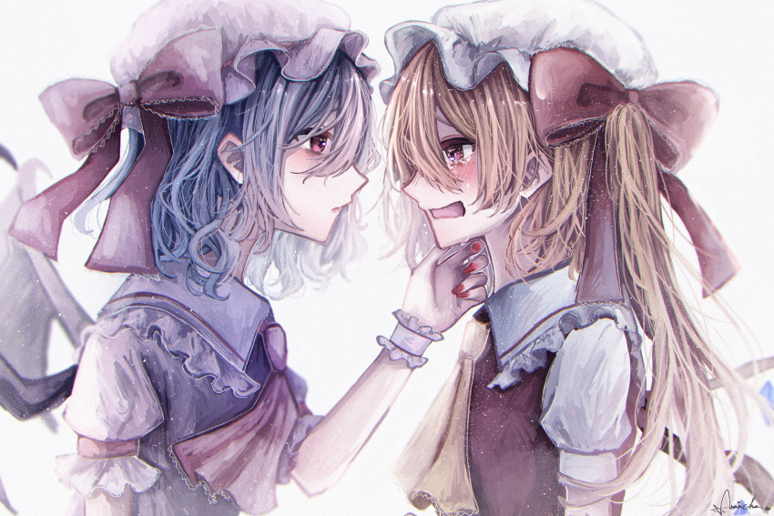 2girls annin_cha arm_at_side ascot bat_wings blonde_hair blue_hair blush bow commentary crying crying_with_eyes_open eye_contact eyebrows_hidden_by_hair flandre_scarlet frilled_shirt_collar frilled_wrist_cuffs frills from_side hair_between_eyes hair_bow hair_ribbon hand_up hat hat_bow hat_ribbon heart highres light_particles long_hair looking_at_another medium_hair mob_cap multiple_girls open_mouth parted_lips pink_hat profile puffy_short_sleeves puffy_sleeves reaching reaching_towards_another red_ascot red_bow red_eyes red_nails red_ribbon red_vest remilia_scarlet ribbon sad shirt short_sleeves siblings side_ponytail signature simple_background sisters spoken_heart tears touhou upper_body vest wavy_hair wavy_mouth white_background white_hat white_shirt white_wrist_cuffs wings wrist_cuffs yellow_ascot