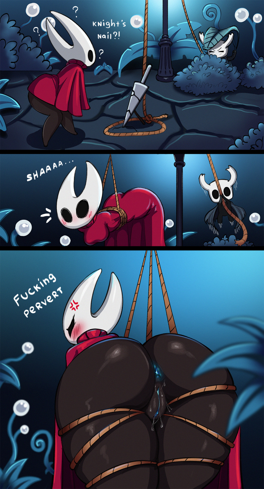 angry anthro anus arthropod bdsm big_butt black_body black_eyes blue_anus blush blush_lines bodily_fluids bondage bound breasts butt cloak_only clothing cross-popping_vein dialogue duo empty_eyes featureless_feet feet female genital_fluids grey_cloak grey_clothing hi_res hollow_knight hornet_(hollow_knight) insect looking_back male pink_cloak pink_clothing question_mark rear_view restraints rope rope_bondage rope_harness team_cherry text the_knight_(hollow_knight) thick_thighs trap_(contrivance) trapped vaginal_fluids white_body wide_hips zelles