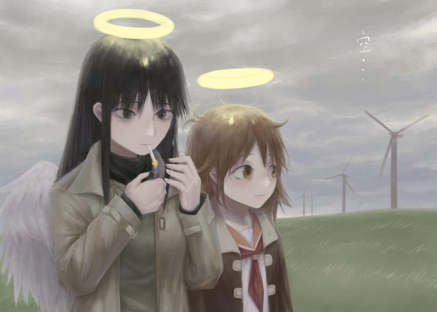 ... 2girls angel angel_wings arms_at_sides black_eyes black_hair brown_coat brown_eyes brown_hair brown_jacket cigarette closed_mouth coat collared_coat collared_jacket commentary diu9you english_commentary feathered_wings grass haibane_renmei halo hands_up highres holding holding_lighter jacket light light_smile lighter lighting_cigarette long_hair long_sleeves messy_hair multiple_girls neckerchief outdoors overcast rakka_(haibane) red_sailor_collar reki_(haibane) sailor_collar school_uniform serafuku sidelocks sky smoking translation_request turtleneck upper_body wind_turbine wings