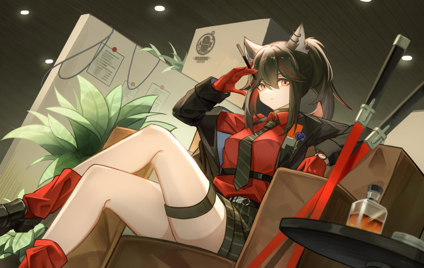 1girl absurdres animal_ear_piercing animal_ears arknights black_hair black_jacket closed_mouth collared_shirt commentary crossed_legs gloves green_necktie green_shorts hand_up highres indoors jacket looking_at_viewer necktie official_alternate_costume official_alternate_hairstyle on_chair open_clothes open_jacket plant ponytail potted_plant red_eyes red_gloves red_shirt shiqi_tokii shirt shorts sitting solo striped_necktie sword texas_(arknights) texas_(willpower)_(arknights) thigh_strap thighs weapon wolf_ears wolf_girl