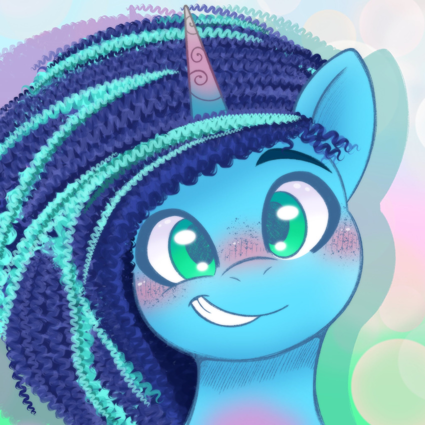 balychen_(artist) blue_body blue_fur blue_hair blush curled_hair equid equine female fur green_eyes hair hasbro hi_res horn mammal misty_brightdawn_(mlp) mlp_g5 multicolored_hair my_little_pony mythological_creature mythological_equine mythology portrait smile solo two_tone_hair unicorn