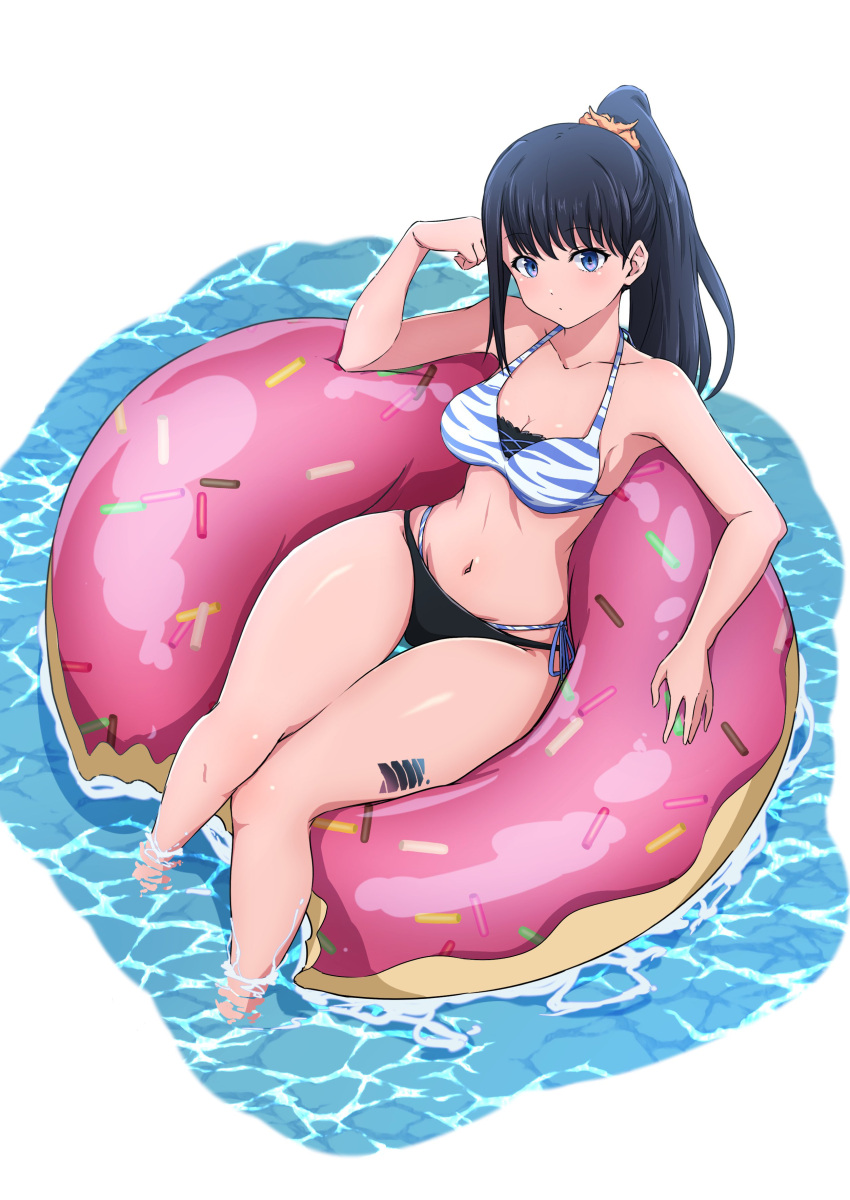 1girl absurdres bare_arms bare_legs bare_shoulders bikini black_hair blue_eyes blush breasts cleavage collarbone commentary_request curvy doughnut_innertube expressionless from_above full_body gridman_universe hair_behind_ear hair_ornament hair_scrunchie hand_up highres innertube long_hair looking_at_viewer medium_breasts nishizuki_shino orange_scrunchie ponytail pool scrunchie side-tie_bikini_bottom simple_background soaking_feet solo ssss.gridman striped_bikini striped_clothes swim_ring swimsuit takarada_rikka thick_thighs thigh_gap thighs water wet white_background