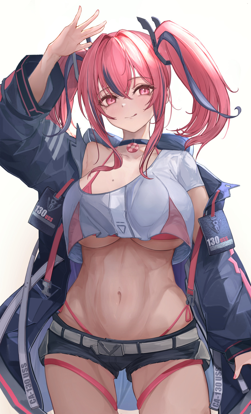 1girl :q absurdres arm_up asaikeu azur_lane belt bikini bikini_under_clothes black_choker black_shorts blue_coat breasts bremerton_(azur_lane) choker cleavage coat collarbone commentary cowboy_shot crop_top crop_top_overhang cropped_shirt crossed_bangs grey_belt grey_hair grey_shirt hair_between_eyes hair_intakes hair_ornament highleg highleg_bikini highres large_breasts lifebuoy_ornament long_hair long_sleeves looking_at_viewer mole mole_on_breast mole_under_eye multicolored_hair navel off_shoulder open_clothes open_coat pink_bikini pink_eyes pink_hair pink_nails shirt short_shorts short_sleeves shorts side-tie_bikini_bottom sidelocks simple_background single_bare_shoulder skindentation smile solo standing stomach streaked_hair swimsuit thigh_strap tongue tongue_out twintails two-tone_hair two-tone_shirt white_background
