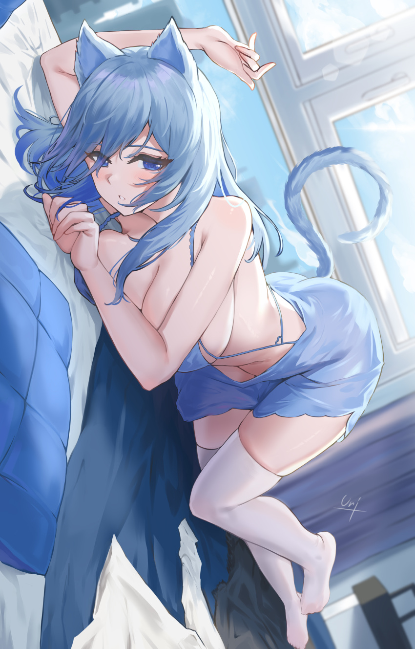 1girl absurdres animal_ears blue_dress blue_eyes blush breasts cat_ears cat_tail cleavage curtains dress highres large_breasts long_hair looking_at_viewer lying morning original parted_lips pillow shirt sideboob solo tail thighhighs unique_(pixiv12704744) unworn_shirt white_shirt white_thighhighs window