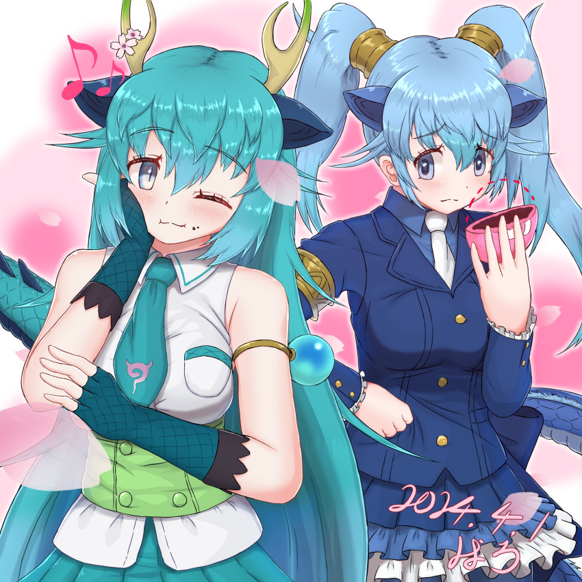 2girls animal_ears bare_shoulders baroy_baroro blue_dragon_(kemono_friends) blue_eyes blue_hair blush breasts collared_shirt dragon_ears dragon_girl dragon_horns dragon_tail dual_persona extra_ears fingerless_gloves food food_theft gloves hair_between_eyes highres horns jacket japari_bun kemono_friends kemono_friends_3 large_breasts long_hair long_sleeves looking_at_viewer multiple_girls necktie one_eye_closed pantyhose seiryuu_(kemono_friends) shirt skirt sleeveless tail twintails