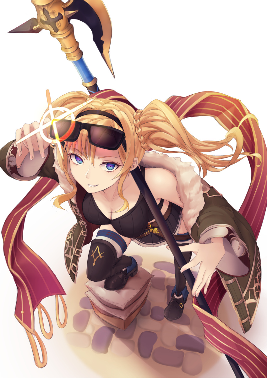 absurdres bare_shoulders blonde_hair blue_eyes breasts cleavage halberd highres nixour pilearm polearm red_scarf scarf sunglasses tank_top twintails weapon zeta_(granblue_fantasy)