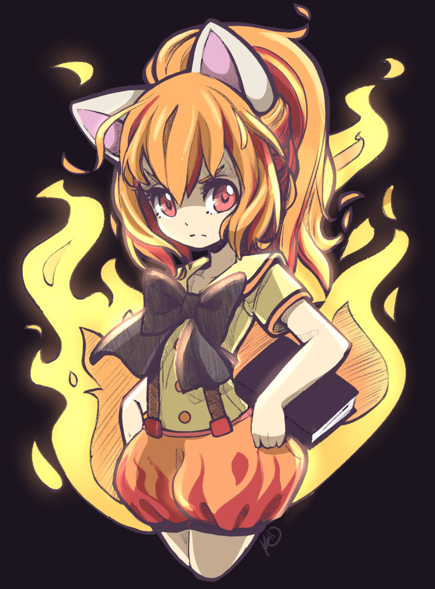 absurdres angelica_(k3lly) animal_ears artist_name bangs black_background black_bow book bow closed_mouth cropped_legs fire flame half_updo highres holding holding_book horse_ears horse_girl large_bow long_hair looking_at_viewer multicolored_hair orange_hair personification pokemon ponyta puffy_shorts red_eyes red_hair shaded_face shirt short_sleeves shorts simple_background solo standing streaked_hair suspender_shorts suspenders tareme two-tone_hair v-shaped_eyebrows yellow_shirt