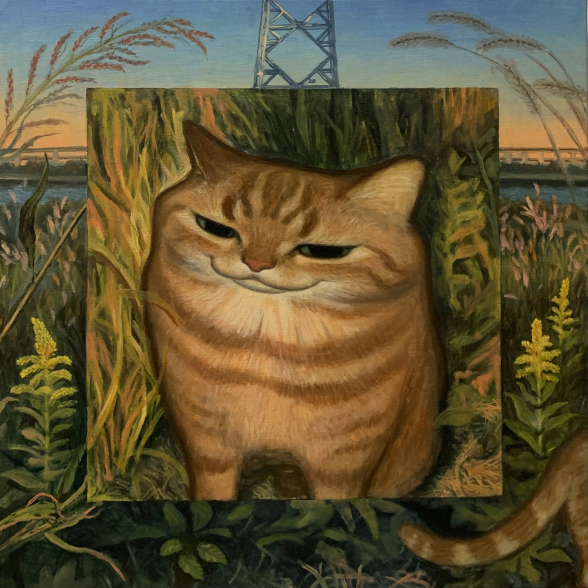 animal animal_focus blue_sky cat closed_mouth commentary_request evening gradient_background highres karin_hosono looking_at_viewer nature no_humans orange_cat orange_sky original outdoors painting_(medium) painting_(object) realistic sitting sky traditional_media