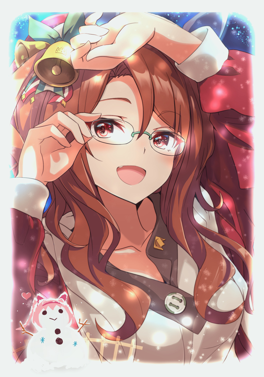 1girl absurdres brown_hair christmas collarbone fang glasses hair_between_eyes haru_urara_(umamusume) highres horse_girl king_halo_(umamusume) long_sleeves looking_at_viewer medium_hair neko_senshi open_mouth puffy_long_sleeves puffy_sleeves red_eyes red_hat snowman solo umamusume upper_body wavy_hair