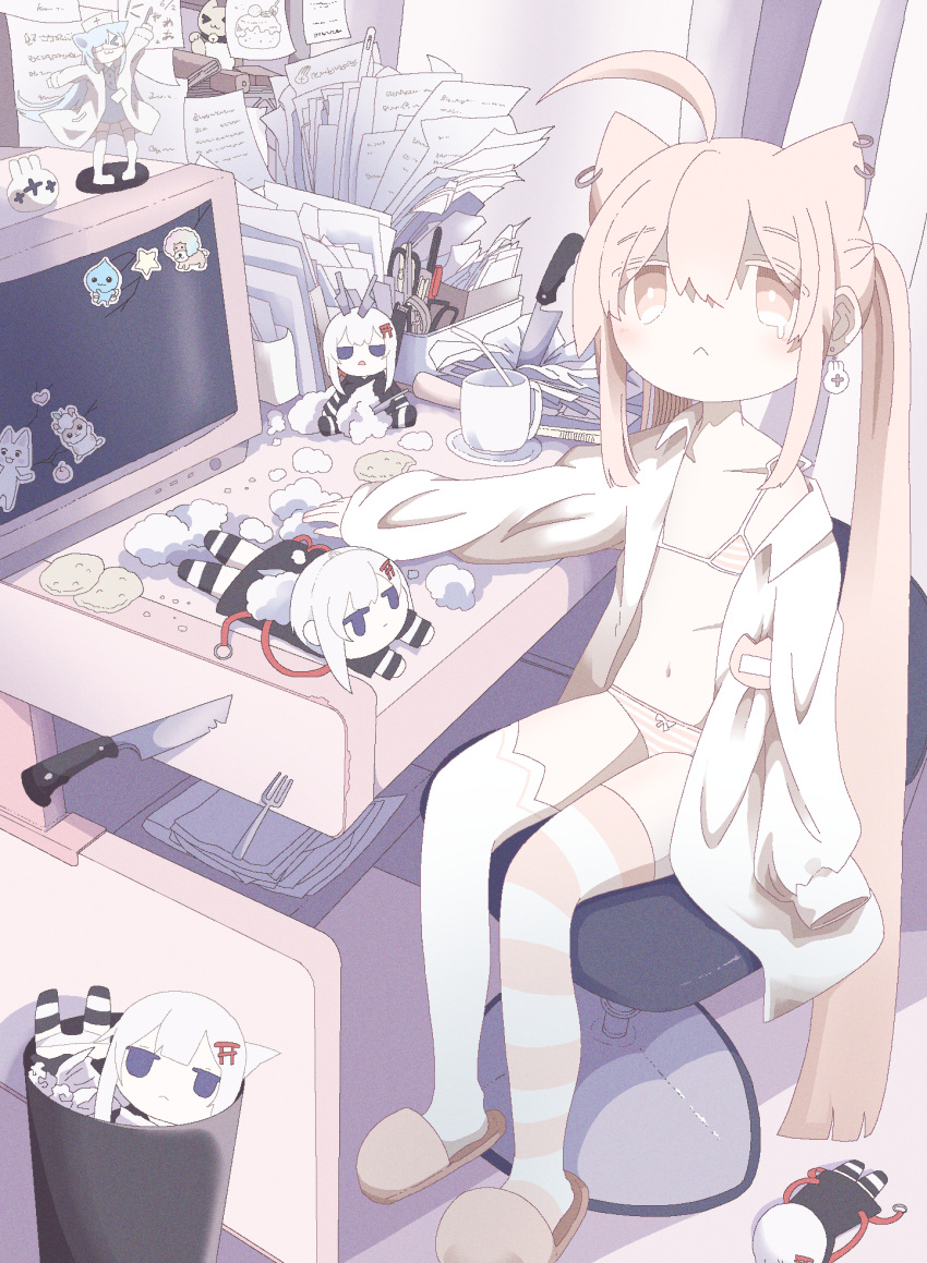 6+girls :&lt; ahoge animal_ear_piercing animal_ears arm_at_side ashi_izumo asymmetrical_legwear bikini blush bow cat_ears chair closed_mouth coat coffee_mug collarbone collared_coat crt cup curtains doll drinking_straw earrings eyes_visible_through_hair fork from_above hair_between_eyes hand_on_table heart highres indoors jewelry kitchen_knife knife limited_palette long_hair looking_at_viewer mug multiple_girls name_tag navel off_shoulder open_clothes open_coat original panties paper pink_footwear planted planted_fork planted_knife plate sidelocks single_sleeve_past_fingers single_tear skull_earrings sleeves_past_wrists slippers socks star_(symbol) sticker string_bikini striped_bikini striped_clothes striped_panties striped_socks stuffing swimsuit swivel_chair table tareme thighhighs trash_can twintails underwear very_long_hair white_coat