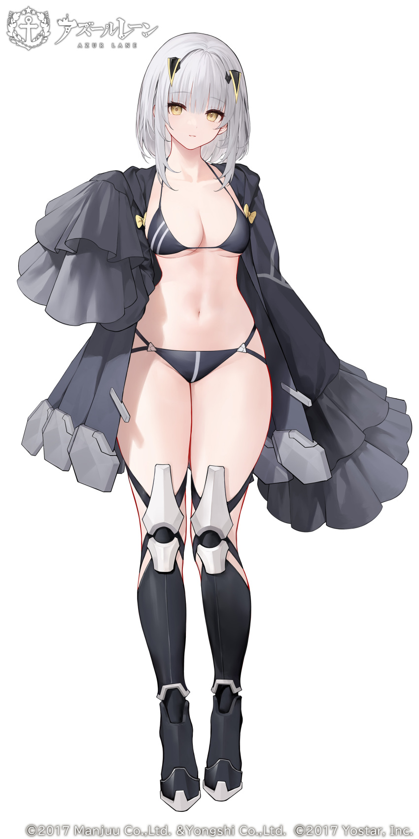 1girl :d absurdres arm_behind_back armored_boots artist_request azur_lane bikini black_bikini black_dress boots breasts cleavage commentary_request copyright_name dress explorer_(azur_lane) full_body hand_up headgear highres hip_focus knee_boots legs_together light_smile looking_at_viewer mechanical_legs medium_breasts medium_hair midriff navel official_art open_clothes open_dress parted_lips siren_(azur_lane) smile solo standing swimsuit thighs very_long_sleeves white_hair wide_sleeves yellow_eyes