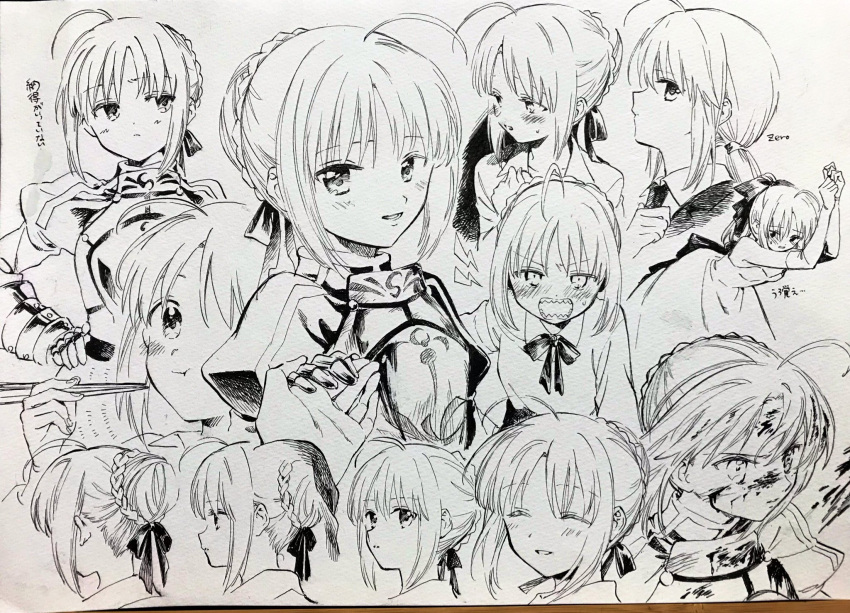 1girl :t ^_^ ahoge armor artoria_pendragon_(fate) back_bow blood blood_on_clothes blood_on_face blush blush_stickers bow braid closed_eyes collared_shirt commentary_request cropped_torso crown_braid dress eating elbow_gloves fate/stay_night fate/zero fate_(series) fingernails from_side full-face_blush gloves greyscale hair_bow hair_bun hand_on_own_hip highres juliet_sleeves leaning_forward lightning_bolt_symbol long_dress long_hair long_sleeves low_ponytail monochrome multiple_views no+bi= open_mouth own_hands_together parted_lips photo_(medium) puffy_sleeves saber_(fate) sharp_teeth shirt short_hair single_hair_bun smile strapless strapless_dress sweatdrop teeth traditional_media v-shaped_eyebrows