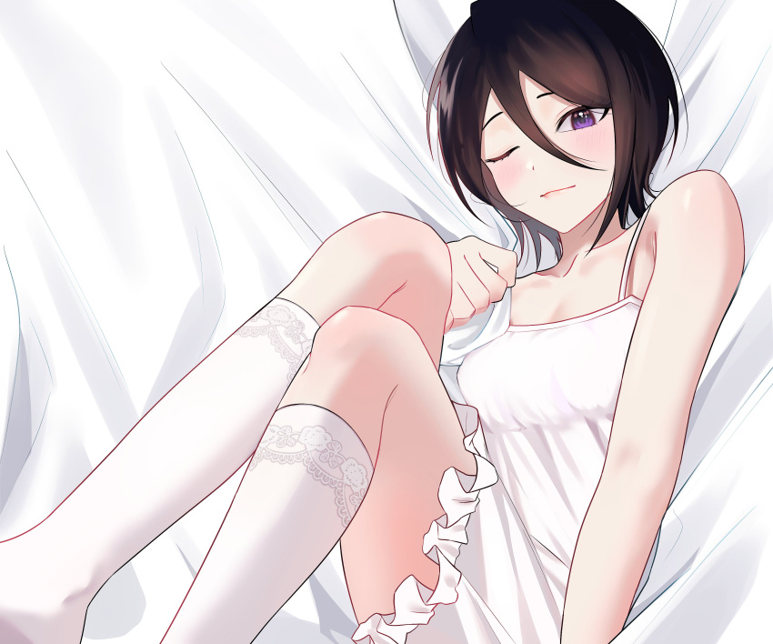 1girl absurdres artist_request bed_sheet black_hair bleach blush camisole hair_between_eyes highres kuchiki_rukia one_eye_closed purple_eyes smile socks solo