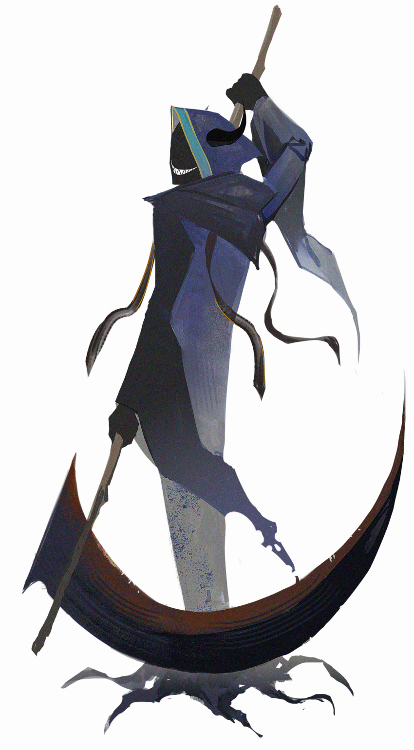 1boy absurdres black_skin blue_cloak cloak colored_skin facing_viewer full_body grin hein_(black_souls) highres holding holding_scythe hood hooded_cloak horns looking_at_viewer no_eyes scythe sharp_teeth simple_background sio2_(whynotkarma) smile solo teeth white_background