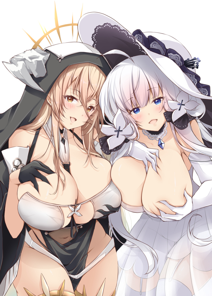 2girls absurdres azur_lane black_gloves blonde_hair blue_eyes blue_gemstone breast_cutout breasts cleavage cowboy_shot deep_skin detached_collar dress elbow_gloves fake_horns garter_straps gem gloves grabbing_own_breast habit hair_between_eyes halo hand_on_own_chest hanging_breasts highres horns huge_breasts illustrious_(azur_lane) implacable_(azur_lane) leaning_forward long_bangs long_hair looking_at_viewer mechanical_halo mikuchi3939 multiple_girls nun open_mouth pelvic_curtain revealing_clothes see-through see-through_dress simple_background thighhighs two-tone_dress veil very_long_hair white_background white_dress white_garter_straps white_gloves white_hair white_hat white_horns white_thighhighs yellow_eyes