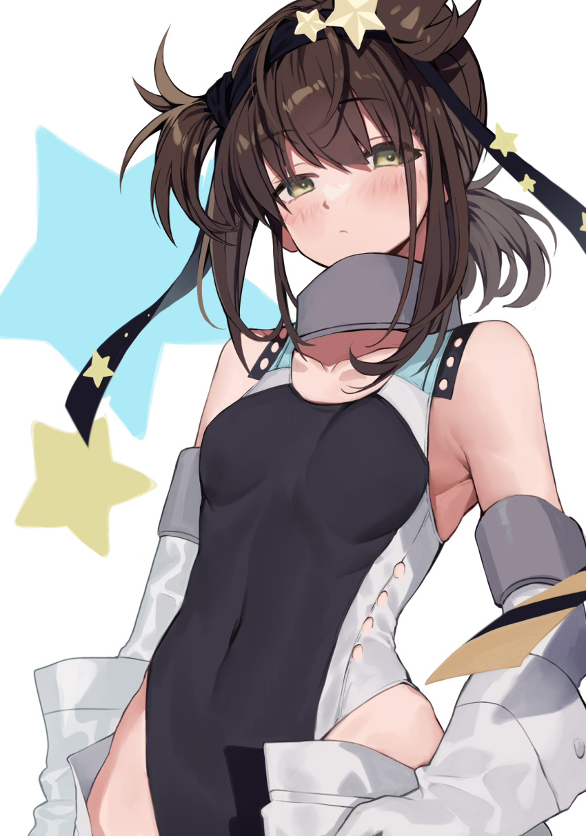 1girl bare_shoulders blush breasts brown_hair collarbone competition_swimsuit cosplay expressionless green_eyes hachimaki hair_ornament hatsuzuki_(kancolle) headband highres kantai_collection medium_hair one-piece_swimsuit picoli1313 scamp_(kancolle) scamp_(kancolle)_(cosplay) short_ponytail sidelocks small_breasts solo star_(symbol) star_hair_ornament swimsuit twitter_username
