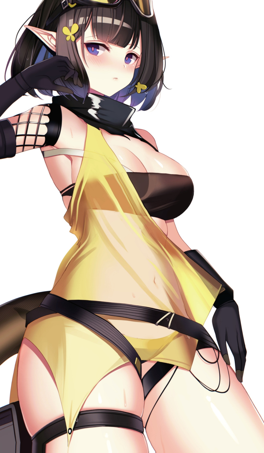 1girl absurdres arknights armpits ateoyh bandeau black_gloves black_hair blue_eyes blush bob_cut breasts cleavage cowboy_shot dress eunectes_(arknights) gloves goggles goggles_on_head hand_up highres looking_at_viewer medium_breasts microdress pointy_ears see-through short_hair simple_background single_strap solo standing strapless tail thigh_strap thighs tube_top white_background yellow_dress