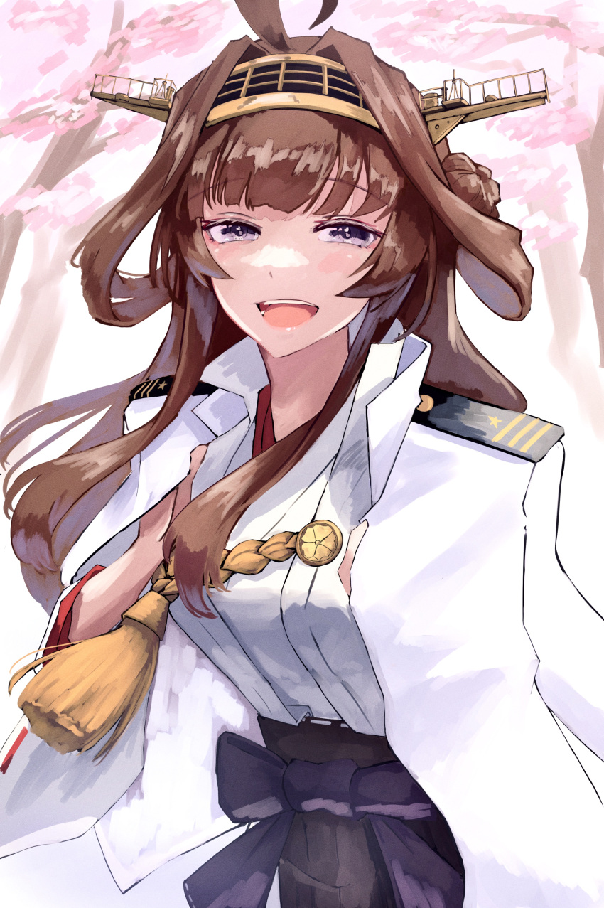 1girl absurdres ahoge black_skirt brown_hair commentary_request double_bun gold_hairband hair_bun hairband headgear highres jacket jacket_on_shoulders japanese_clothes kantai_collection kongou_(kancolle) kongou_kai_ni_(kancolle) military_jacket nontraditional_miko open_mouth panda_(heart_sink) popped_collar purple_eyes skirt smile solo tree upper_body