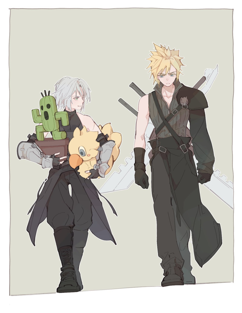 2boys aged_down armor belt black_gloves blue_eyes chest_strap chocobo cloud_strife final_fantasy final_fantasy_vii final_fantasy_vii_advent_children final_fantasy_vii_ever_crisis full_body fusion_swords gloves grey_hair high_collar highres holding male_focus mgt_85363 multiple_belts multiple_boys sabotender sephiroth short_hair shoulder_armor smile spiked_hair sword weapon