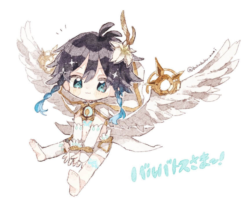 1boy :3 antenna_hair aqua_eyes artist_name black_hair blue_hair blush blush_stickers braid bridal_gauntlets capelet chest_tattoo chibi closed_mouth commentary_request crop_top feathered_wings flower genshin_impact gold_trim gradient_hair hair_between_eyes hair_flower hair_ornament hood hood_up hooded_capelet leg_tattoo looking_at_viewer male_focus medium_hair multicolored_hair nekorune_(bukubuku_awai) notice_lines parted_bangs short_shorts shorts side_braids simple_background single_thighhigh smile solo sparkle tattoo thighhighs translation_request twin_braids twitter_username venti_(archon)_(genshin_impact) venti_(genshin_impact) white_background white_capelet white_flower white_shorts white_thighhighs white_wings wings