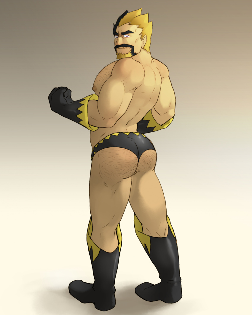 1boy ass bara black_hair blonde_hair boots briefs clenched_hands facial_hair from_behind gloves goatee highres huge_eyebrows human_fuerte_(great_el_fuerte's) large_pectorals looking_at_viewer looking_back male_focus male_underwear mature_male multicolored_hair muscular muscular_male nipples original pectorals rick_penman second-party_source short_hair solo sparse_chest_hair spiked_hair standing thick_ass_hair thick_mustache topless_male two-tone_beard two-tone_hair underwear