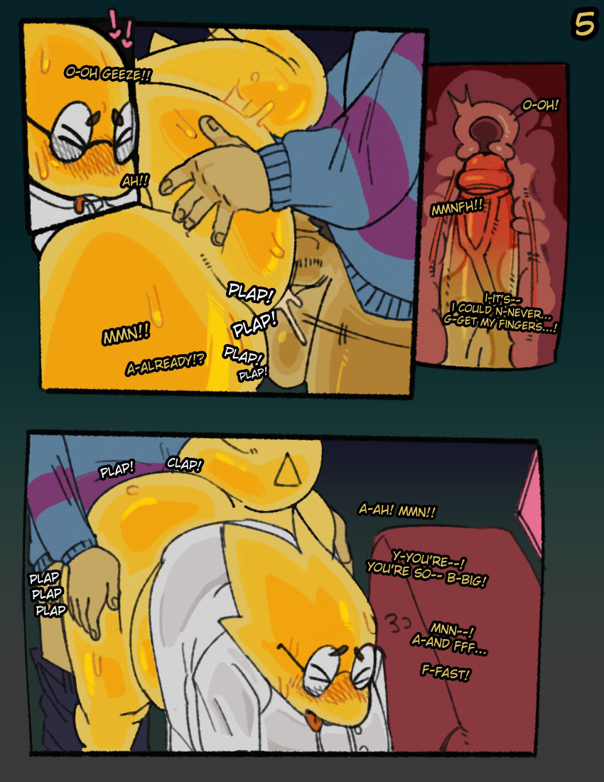 2024 5_fingers absurd_res alphys anthro anthro_penetrated anthro_penetrating ass_up balls belly bent_over big_balls big_butt big_penis blush bodily_fluids bottomless buckteeth butt butt_grab cervical_contact cervix close-up clothed clothing coat comic cutaway deep_penetration dialogue drooling duo english_text erection exclamation_point eyes_closed eyewear female female_penetrated fingers frisk_(undertale) from_behind_position furniture genital_fluids genitals glans glasses glistening glistening_body hand_on_butt heart_symbol hi_res huge_balls huge_butt huge_penis human human_on_anthro humanoid_genitalia humanoid_penis inside internal interspecies lab_coat lizard looking_pleasured male male/female male_penetrating mammal onomatopoeia overweight overweight_anthro overweight_female partially_clothed penetration penile penile_penetration penis penis_in_pussy pubes pussy_juice_splatter redactedinlight reptile round_glasses saliva scalie sex short_stack side_view sofa sound_effects standing sweat sweatdrop sweater tail tail_spines talking_to_another talking_to_partner tan_body tan_skin teeth text thick_thighs thrusting tongue tongue_out topwear undertale undertale_(series) vaginal vaginal_fluids vaginal_penetration vein veiny_penis yellow_body