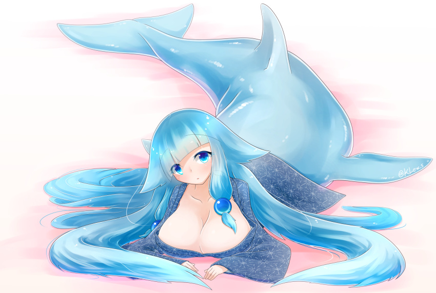 1girl aqua_hair blue_eyes breasts cleavage collarbone highres klew large_breasts long_hair looking_at_viewer lying mermaid monster_girl on_stomach original solo taur