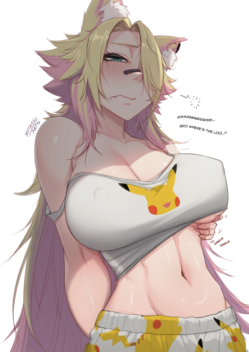 1girl absurdres animal_ear_fluff animal_ear_piercing animal_ears artist_name bandaid bandaid_on_face bandaid_on_nose bare_shoulders black_bandaid blonde_hair blue_eyes blush breasts cat_ears cat_girl character_print cleavage closed_mouth collarbone commentary_request covered_nipples english_commentary english_text fang hair_intakes hair_over_one_eye highres indie_virtual_youtuber large_breasts linea_alba long_hair looking_at_viewer mixed-language_commentary multicolored_hair myth1carts navel obkatiekat one_eye_covered pants pikachu_print pink_hair scratching shirt signature simple_background skin_fang solo stomach strap_slip two-tone_hair upper_body virtual_youtuber white_background white_pants white_shirt