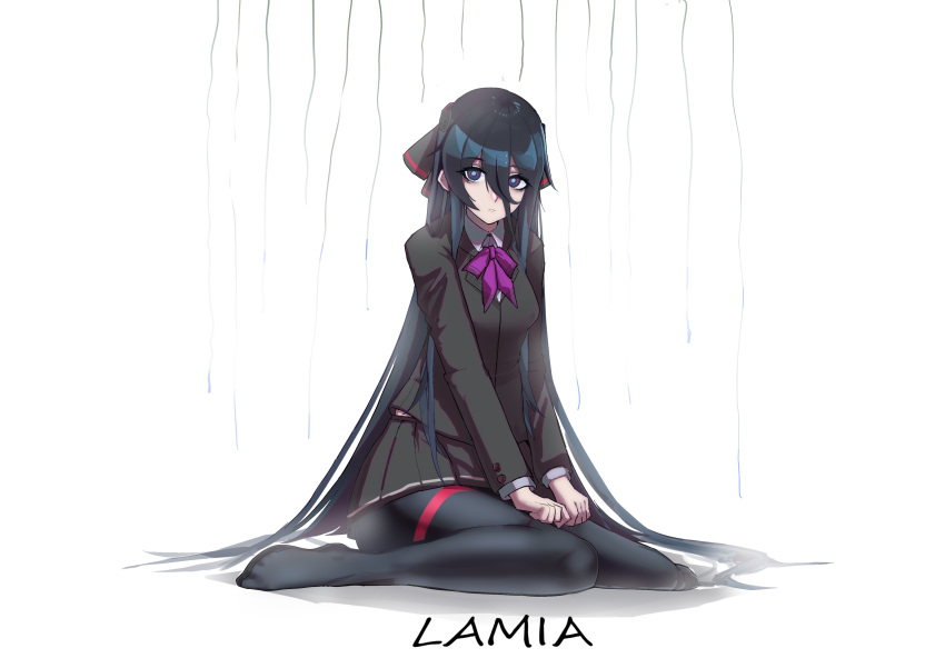 absurdres alternate_costume black_hair black_jacket black_pantyhose black_ribbon black_skirt bow bowtie character_name collared_shirt colored_skin grey_skin hair_ribbon highres jacket lamia_(npc)_(punishing:_gray_raven) lamia_(punishing:_gray_raven) long_bangs long_hair long_hair_between_eyes long_sleeves looking_at_viewer mechanical_hands pantyhose pleated_skirt punishing:_gray_raven purple_bow purple_bowtie purple_eyes ribbon ringed_eyes school_uniform shirt sidelocks skirt very_long_hair white_shirt xxsw_(5252)