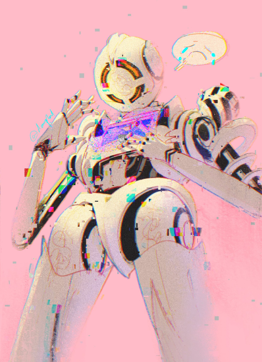 apex_legends chinese_commentary danieldanlllll frown glitch highres humanoid_robot looking_down no_humans open_hand pathfinder_(apex_legends) pink_background robot science_fiction solo speech_bubble twitter_username war_machine_pathfinder