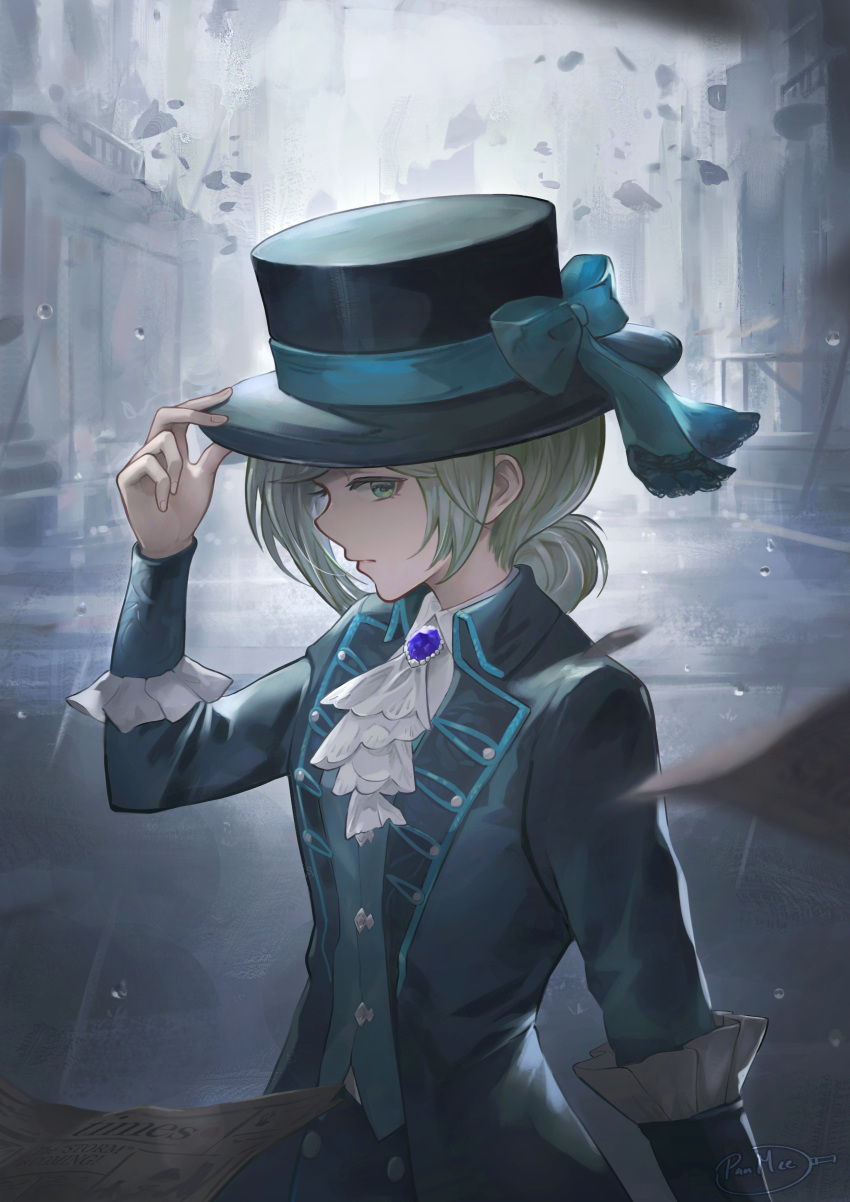 1girl absurdres adjusting_clothes adjusting_headwear artist_name ascot black_coat black_hat blue_bow boater_hat bow brooch building closed_mouth coat collapsing collared_shirt from_side green_eyes grey_hair grey_vest hair_bun hand_on_headwear hand_up hat hat_bow highres jewelry long_sleeves looking_at_viewer newspaper outdoors panmee profile rain reverse:1999 road shirt short_hair signature single_side_bun solo street upper_body vest waistcoat white_ascot white_shirt
