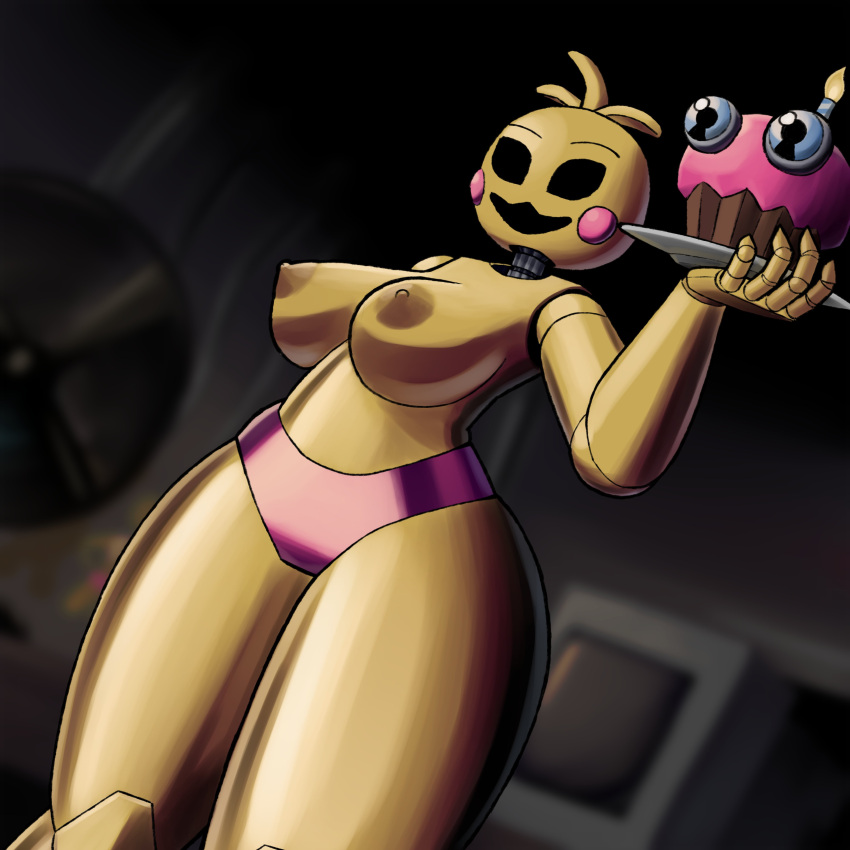 absurd_res animatronic anthro areola avian beakless big_breasts bird black_eyes breasts brown_areola brown_nipples chicken clothing cupcake_(fnaf) empty_eyes female five_nights_at_freddy's five_nights_at_freddy's_2 galliform gallus_(genus) ganmakurel head_feathers head_tuft hi_res holding_plate machine nipples panties phasianid pink_clothing pink_panties pink_underwear robot rosy_cheeks scottgames smile solo thick_thighs toy_chica_(fnaf) tuft underwear wide_hips yellow_body