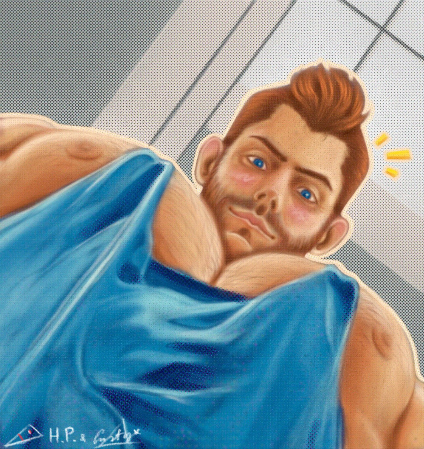 1boy bara beard_stubble blue_tank_top blush call_of_duty call_of_duty:_modern_warfare_2 facial_hair foreshortening from_below h.p_(headofpenguin) highres large_pectorals looking_at_viewer looking_down male_focus meme muscular muscular_male mustache_stubble nipple_slip nipples notice_lines pectoral_cleavage pectoral_focus pectorals photo-referenced short_hair sidepec smile soap_(modern_warfare_2) solo sparse_chest_hair stubble tank_top thick_eyebrows undercut upper_body yur_oc_like_this_(meme)