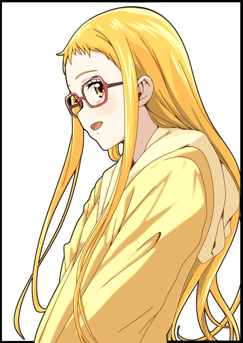 1girl absurdres blonde_hair glasses highres hood hoodie kasugano_urara_(yes!_precure_5) long_hair looking_at_viewer mutsumura_ryuuichi open_mouth precure short_bangs sideways_glance simple_background smile solo upper_body white_background yellow_eyes yellow_hoodie yes!_precure_5