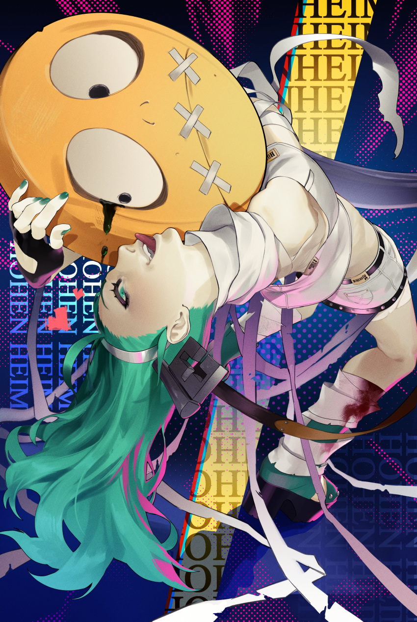 1girl a.b.a absurdres bags_under_eyes bandaged_chest bandages blood blood_on_bandages green_hair guilty_gear guilty_gear_strive highres jackboo key key_in_head licking object_through_head paracelsus_(guilty_gear) smile stitched_mouth stitches