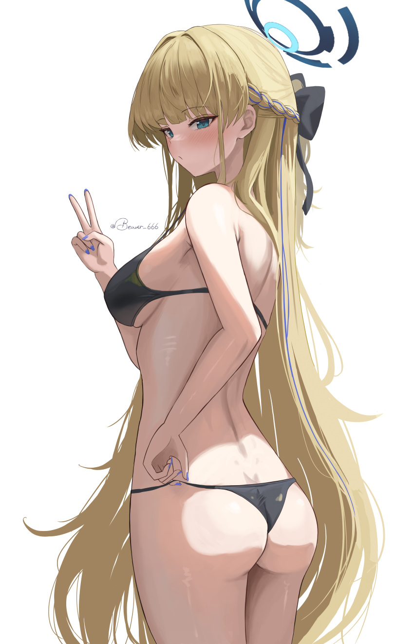 1girl absurdres ass bikini black_bikini black_bow blonde_hair blue_archive blue_eyes blue_hair blue_halo blue_nails blush bow braid breasts closed_mouth commentary dubeaduver fingernails hair_bow halo highres long_hair looking_at_viewer medium_breasts multicolored_hair nail_polish simple_background solo swimsuit toki_(blue_archive) twitter_username two-tone_hair v very_long_hair white_background