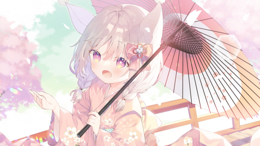 1girl :d animal_ears bow braid brown_hair commentary_request commission floral_print hair_between_eyes hair_bow hair_ornament hair_over_shoulder hairclip holding holding_umbrella japanese_clothes kimono long_hair long_sleeves looking_at_viewer low_twintails obi oil-paper_umbrella original petals pink_bow pink_kimono print_kimono purple_eyes sash skeb_commission smile solo star-shaped_pupils star_(symbol) symbol-shaped_pupils twin_braids twintails umbrella wide_sleeves yuizaki_kazuya