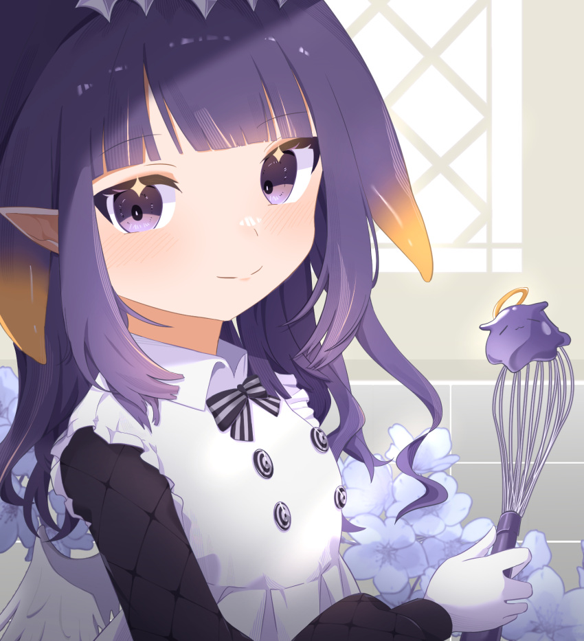 1girl 8_nana_usagi apron black_dress blush dress gloves highres holding holding_whisk hololive hololive_english long_hair looking_at_viewer ninomae_ina'nis ninomae_ina'nis_(6th_costume) official_alternate_costume pointy_ears purple_eyes purple_hair smile takodachi_(ninomae_ina'nis) tentacle_hair virtual_youtuber whisk white_apron white_gloves