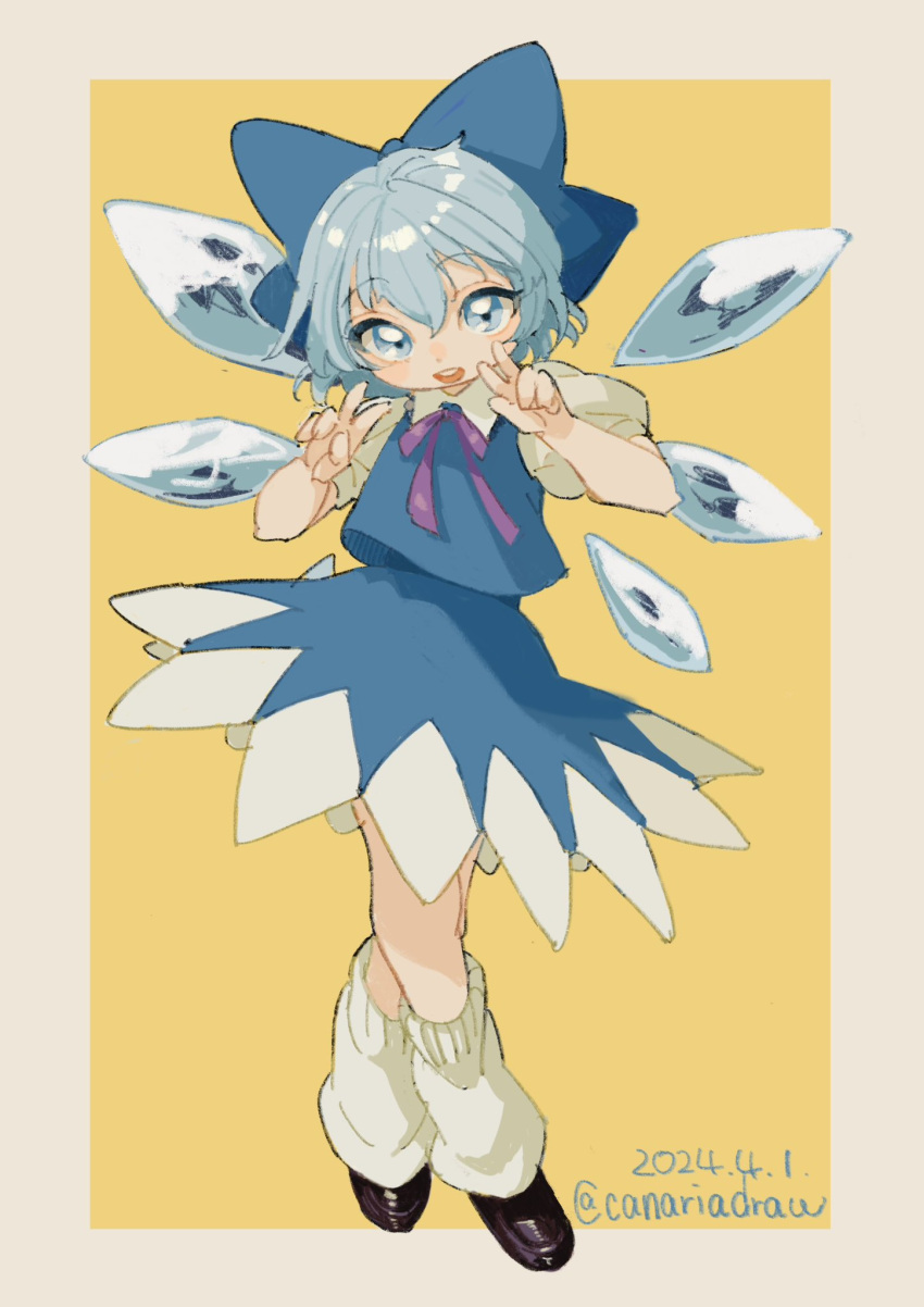 1girl black_footwear blue_bow blue_bowtie blue_dress blue_eyes blue_hair border bow bowtie canariadraw cirno collar collared_shirt commentary crossed_legs dated double_v dress fairy hair_bow hashtag_only_commentary highres ice ice_wings looking_at_viewer loose_socks medium_hair open_mouth puffy_short_sleeves puffy_sleeves purple_ribbon ribbon shirt short_sleeves socks touhou twitter_username v white_border white_collar white_shirt white_socks wings yellow_background