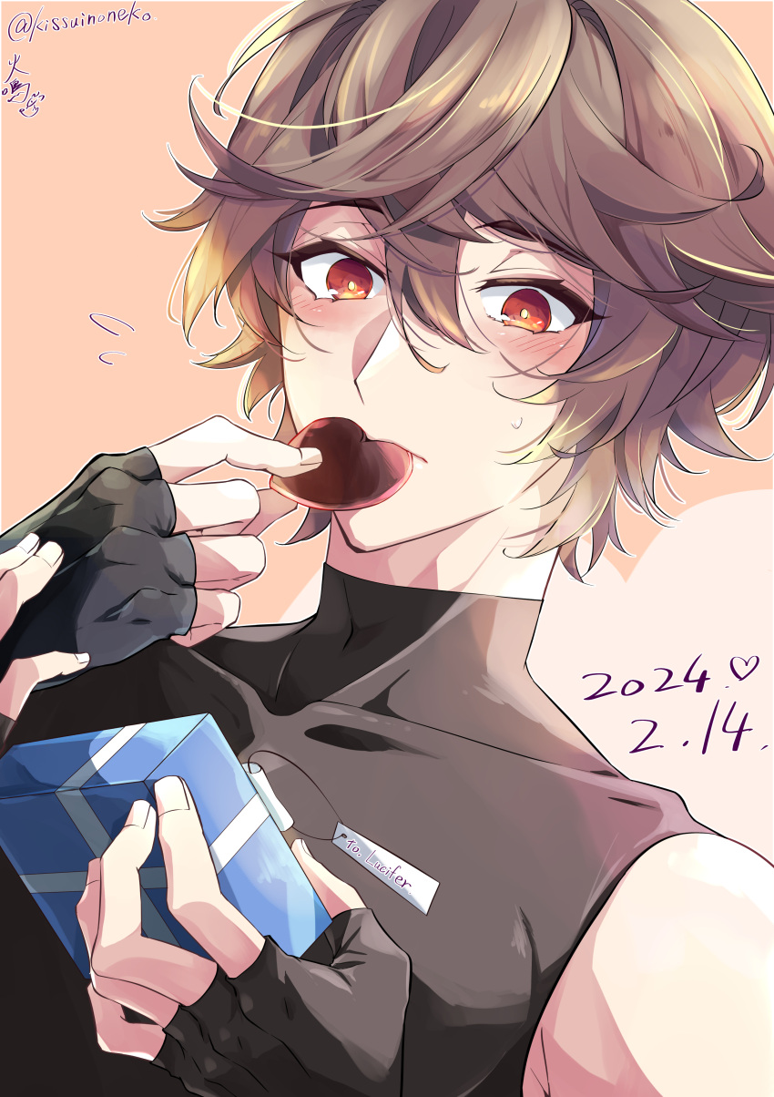 1boy 2024 absurdres ahoge blush box brown_hair candy chocolate collarbone commentary_request dated embarrassed fingerless_gloves flying_sweatdrops food gift gift_box gloves granblue_fantasy hair_between_eyes happy_valentine heart heart-shaped_chocolate highres holding holding_gift kana_(251373) looking_at_viewer lucifer_(shingeki_no_bahamut) male_focus messy_hair pov pov_hands red_eyes sandalphon_(granblue_fantasy) short_hair signature sleeveless sleeveless_turtleneck solo_focus surprised sweatdrop turtleneck twitter_username upper_body valentine yaoi